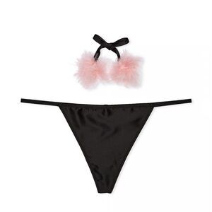 Victoria’s Secret Dream Angels Satin Pom Pom V-String Panty Black/Pink Size M
